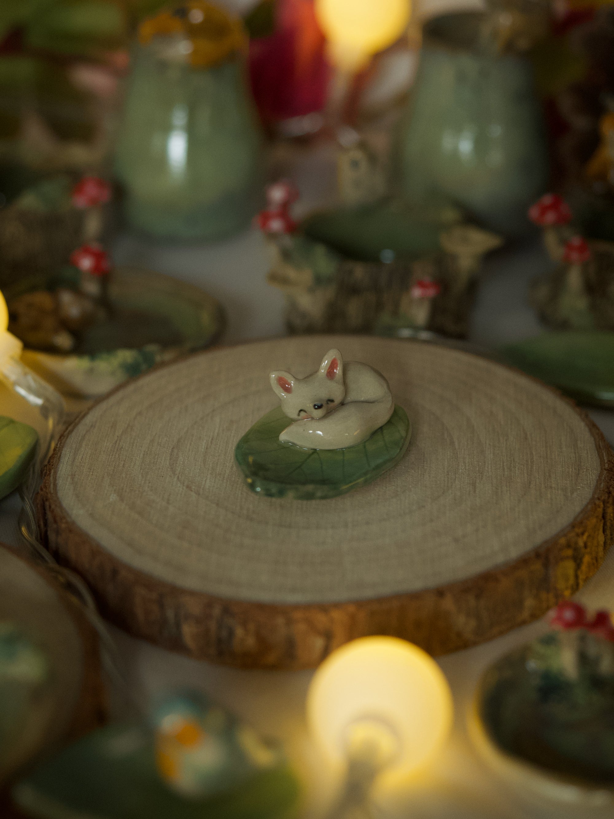 Sleepy Snowy Fox Leaf Trinket 4 length x 2.5 width (cm)