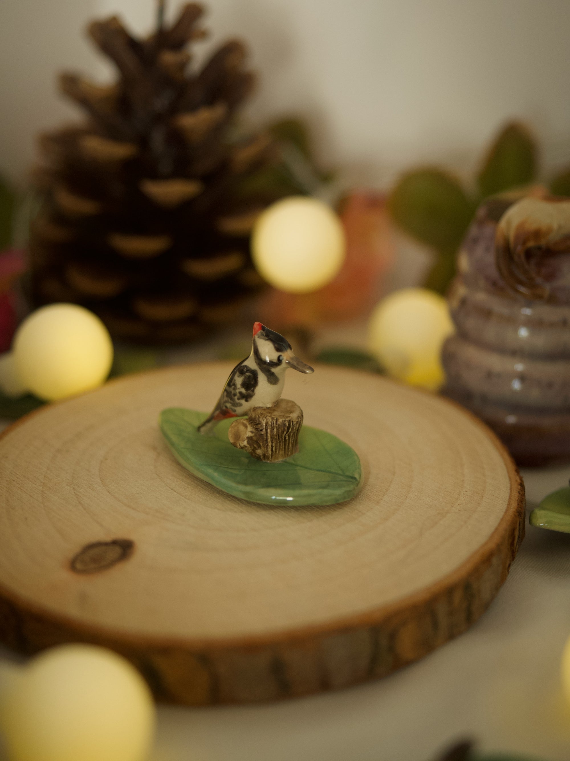 Perched Woodpecker Leaf Trinket 4 length x 2.5 width