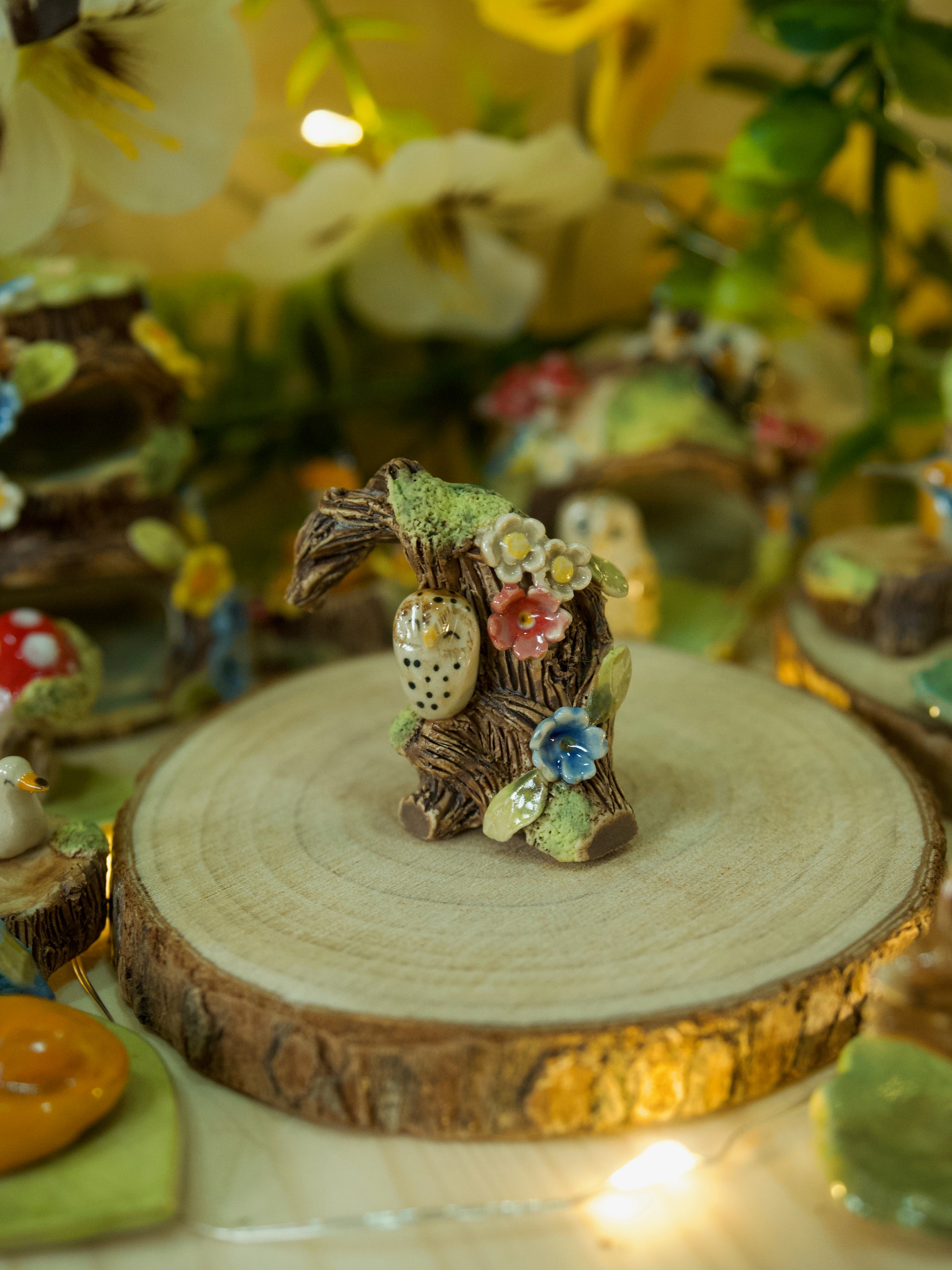 Tiny Tree Stump Trinket Owl  (3.5cm Tall)
