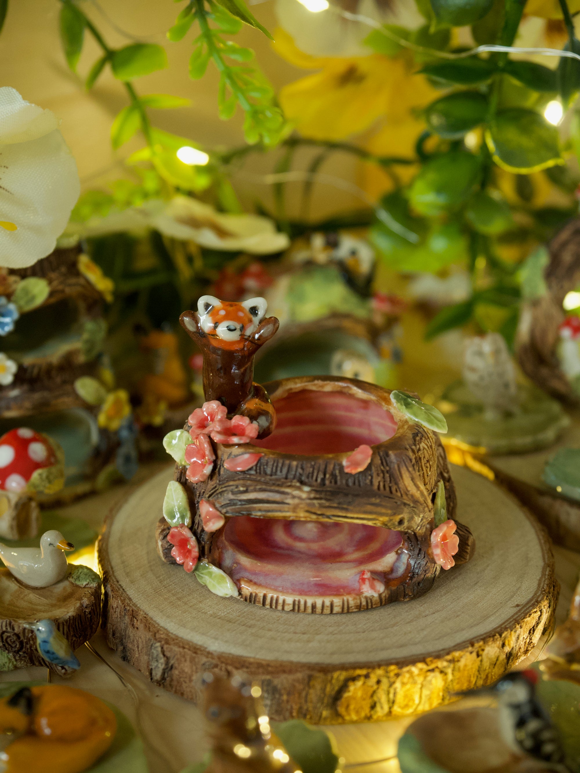 Woodland Tree Stump Blossom Panda (6cm height and width)