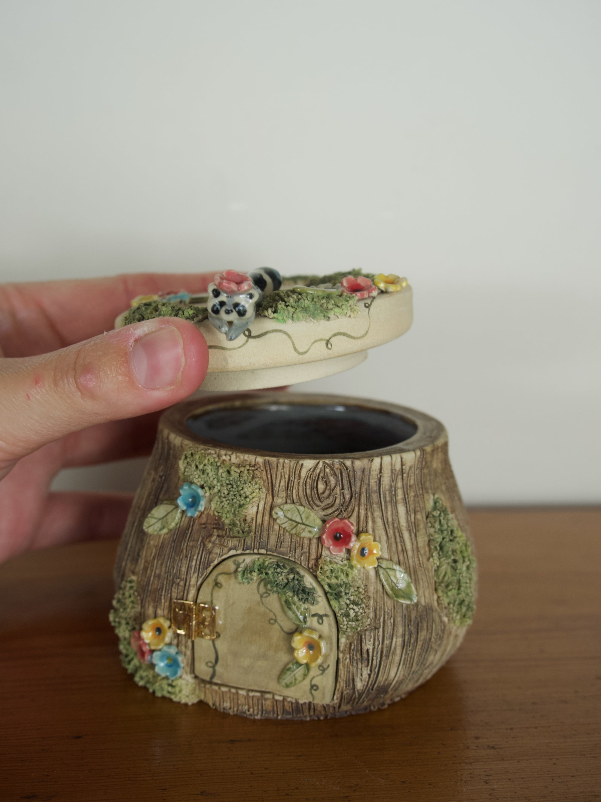 Made To Order:Large Woodland Raccoon Trinket Pot with Opening Door (on or before 15th August Dispatch)