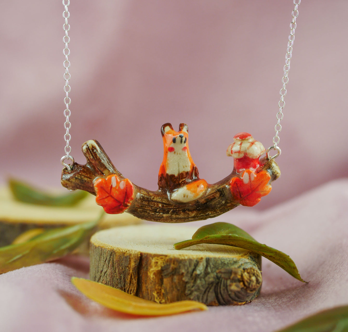 Apricot the fox log necklace
