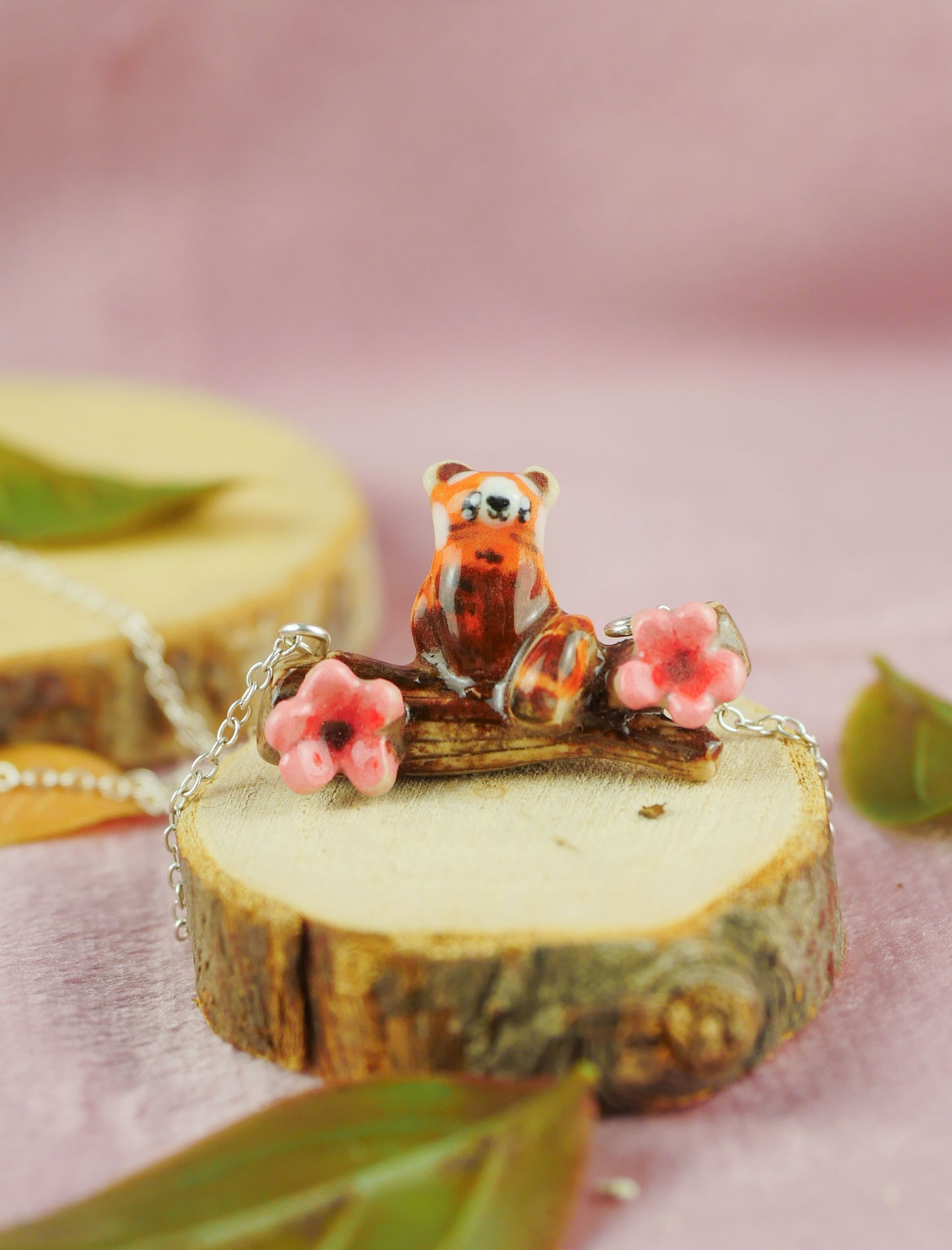 Blossom the red panda log necklace