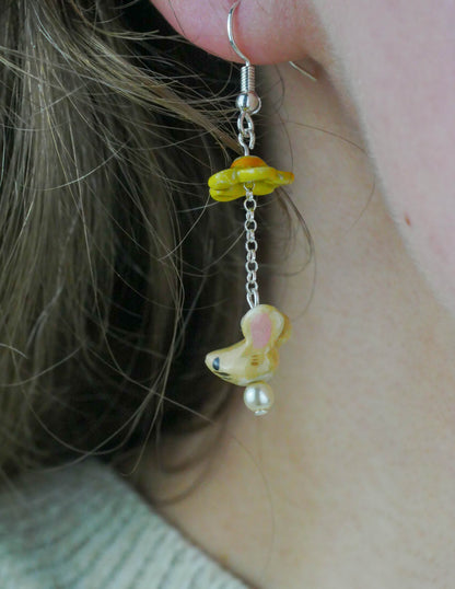 Floral Mouse Dangle Pearl Earrings