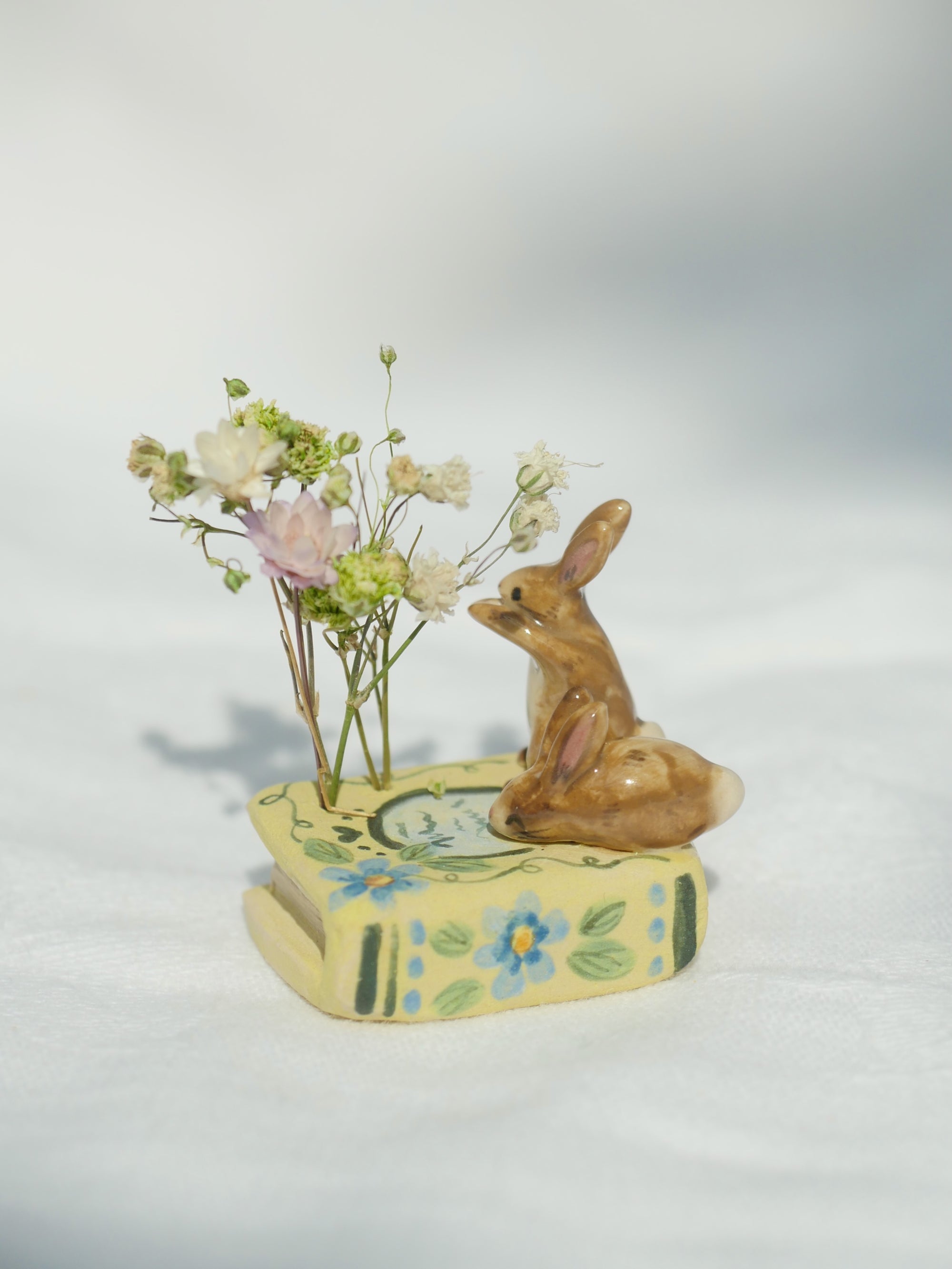 Wild Rabbits Book Dried Flower Miniature Sculpture