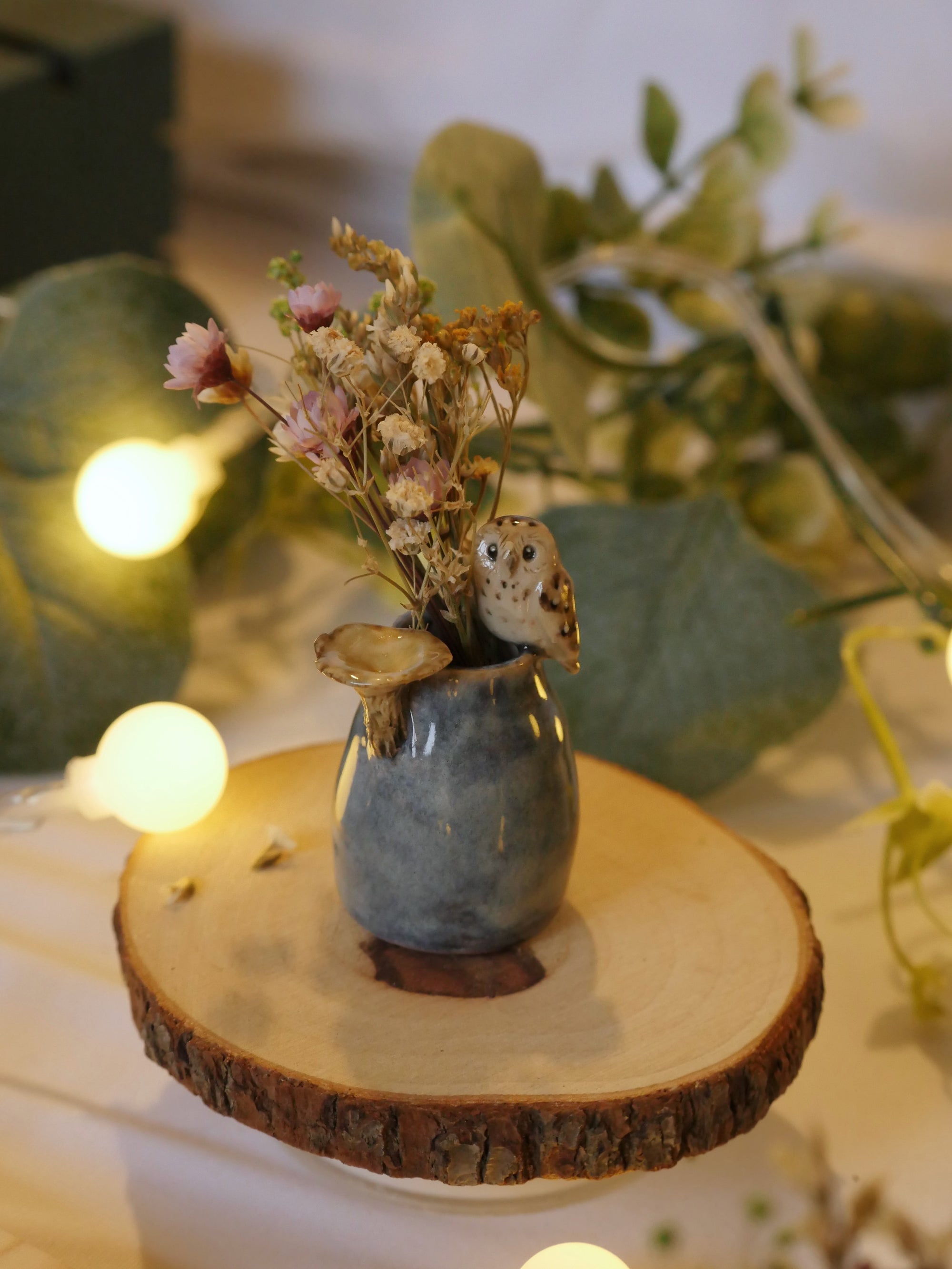 Blue Glazed Owl and Mushroom Vase : 4cm
