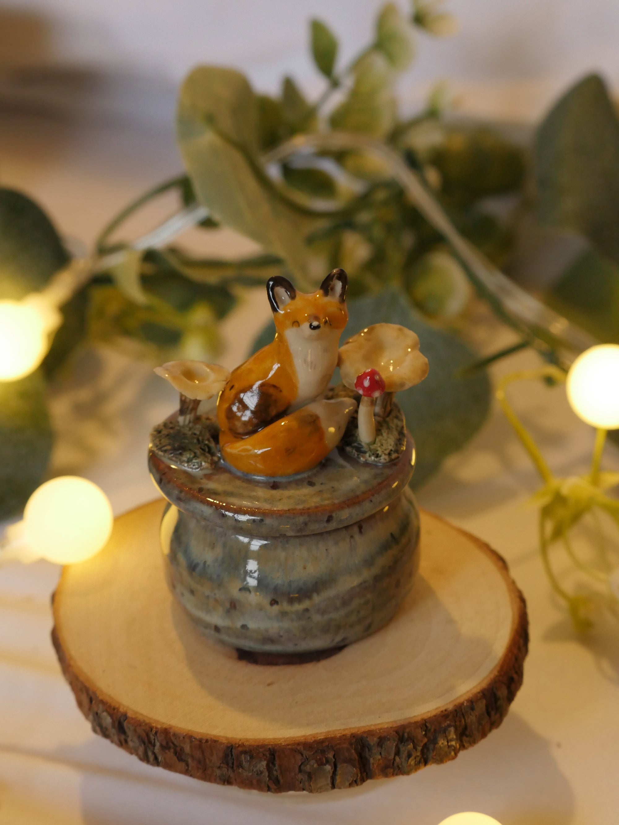 Sleepy Sitting Fox with Mushrooms Pot : 4.5cm Width 3.5cm Height (pot size)