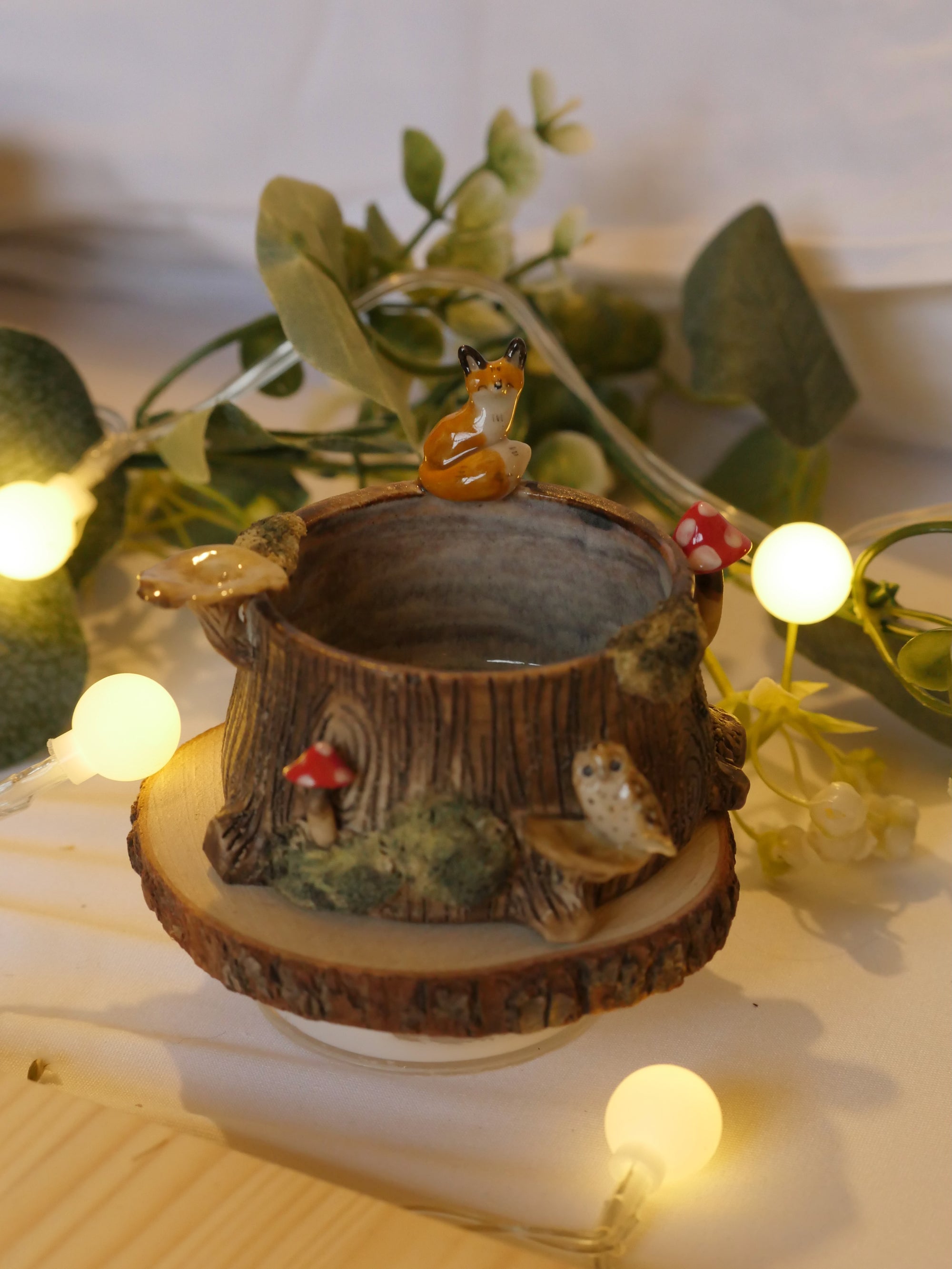 Fox and Owl tree stump Dish : 6cm Width 3.8cm Height