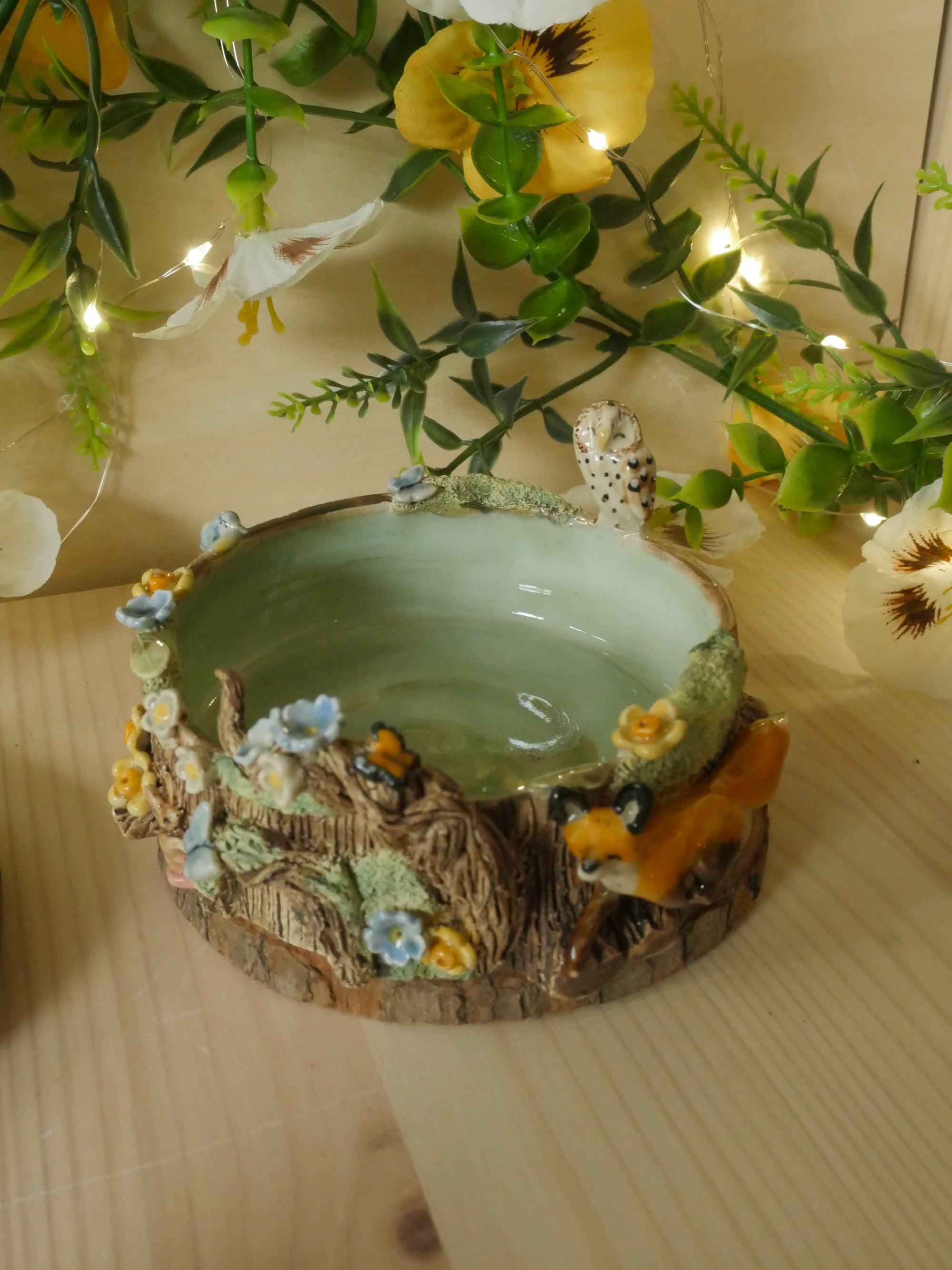 Woodland Tree Stump Owl and Running Fox Trinket Dish (9cm width x 3cm Height)
