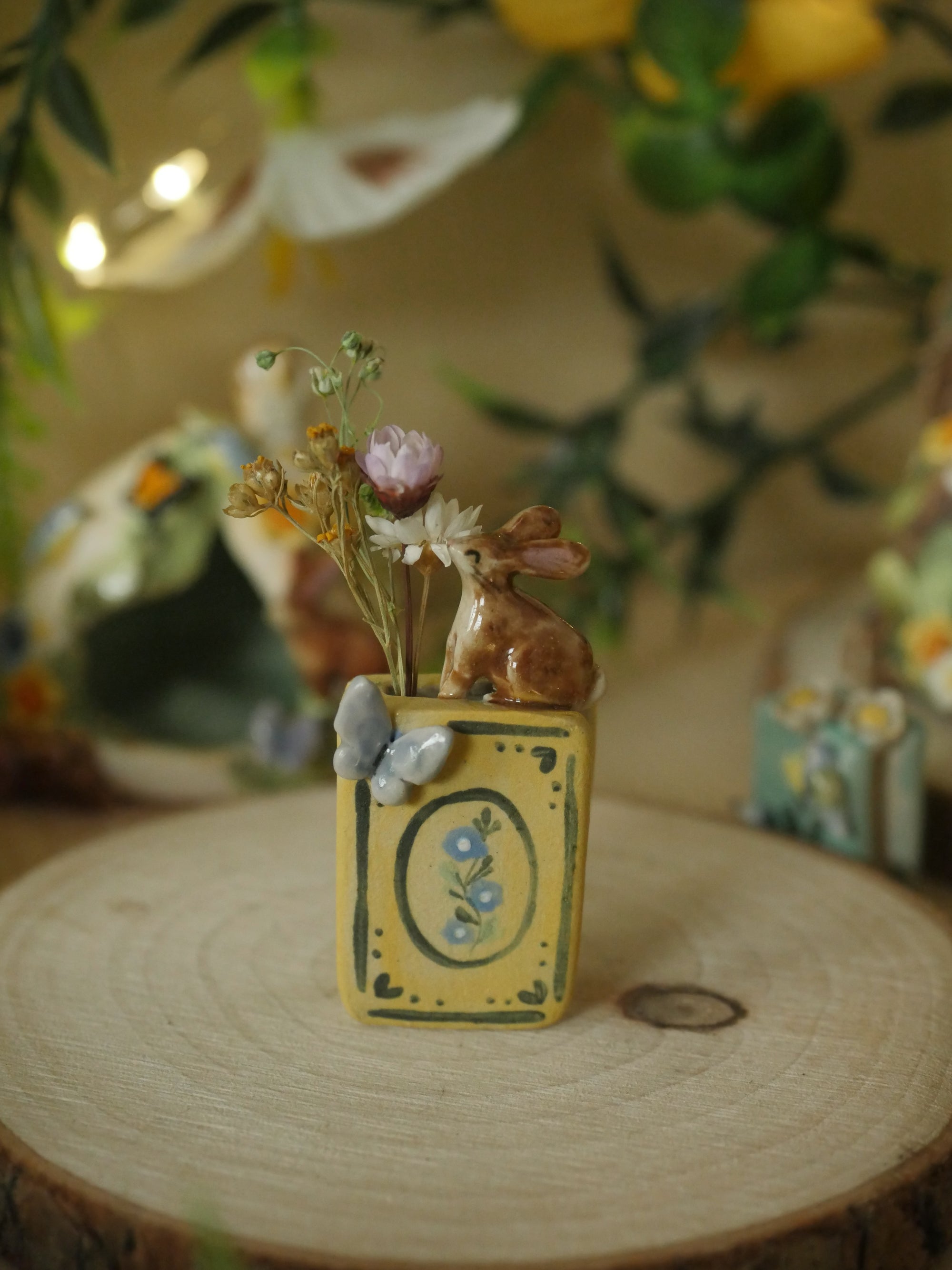 Rabbit And Butterfly Tiny Book Sculpture (With Hole for dried flowers) (4 cm Tall)