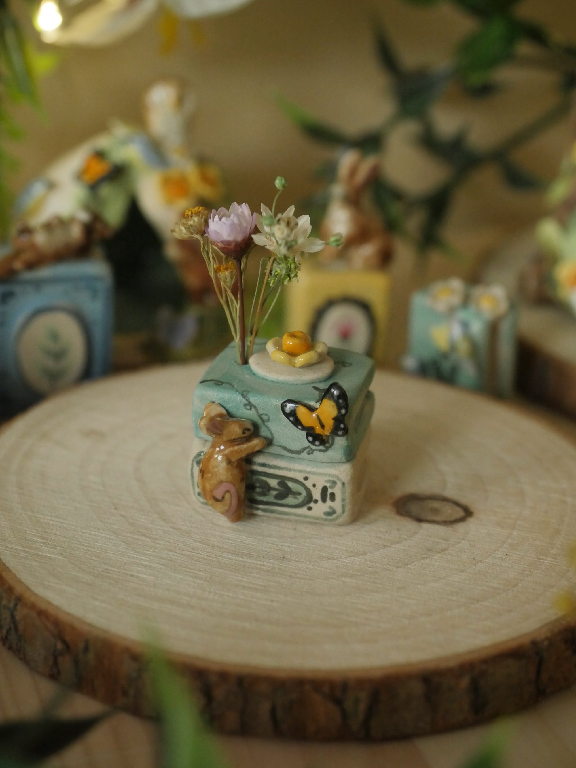 Mouse and Butterfly Tiny Book Sculpture (With Hole for dried flowers) (2cm Tall)