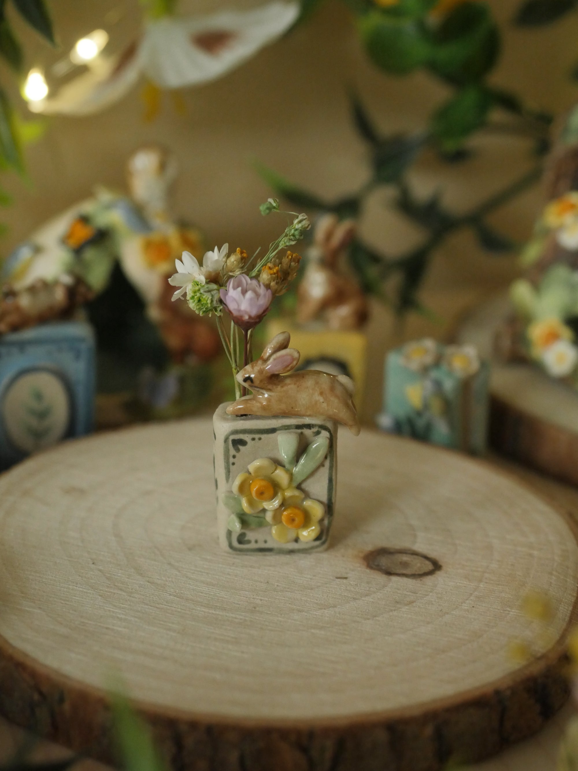 Floral Rabbit Tiny Book Sculpture (With Hole for dried flowers) (3cm Tall)