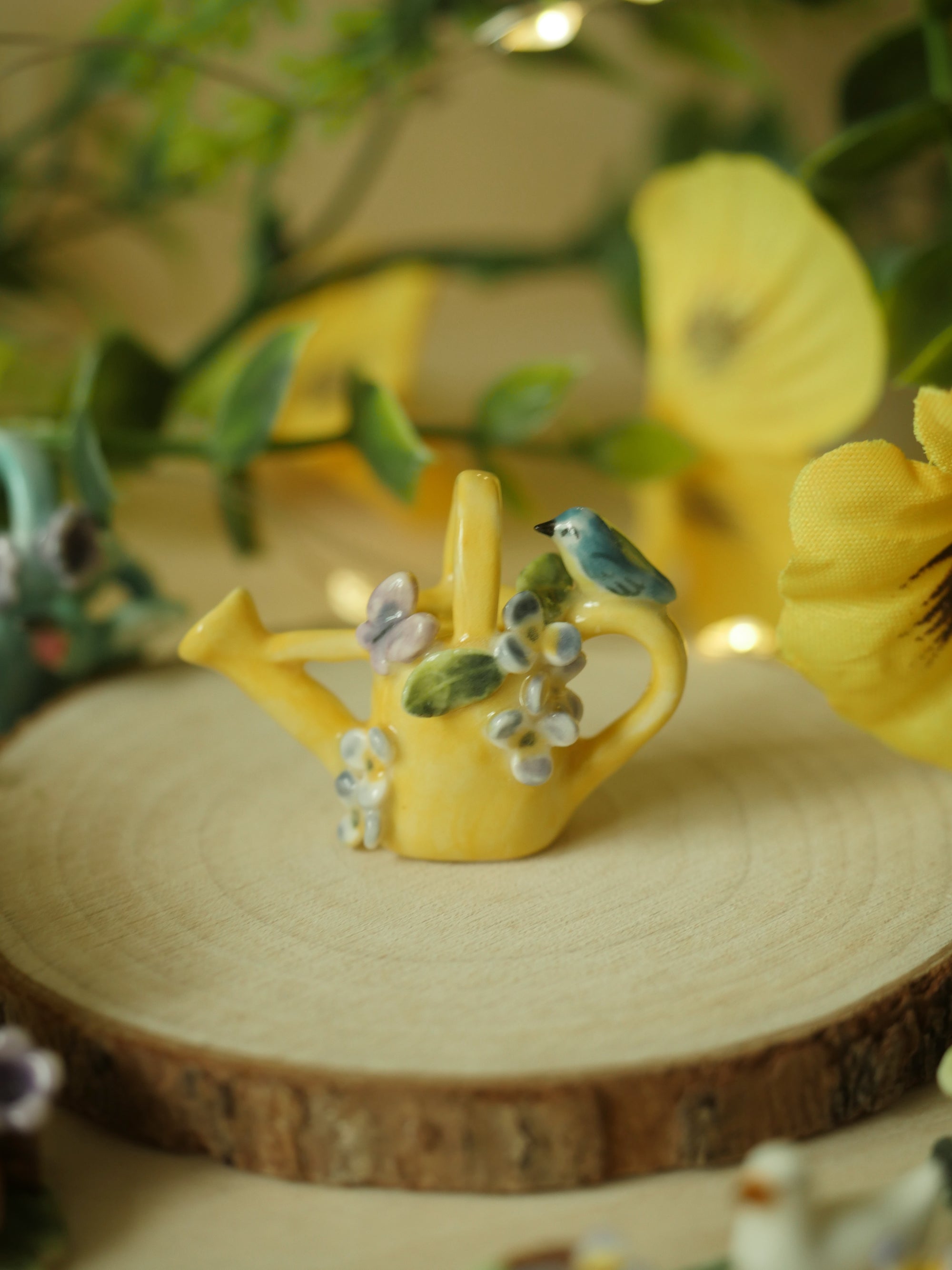 Watering Can Yellow Bird Miniature Sculpture (4cm tall)