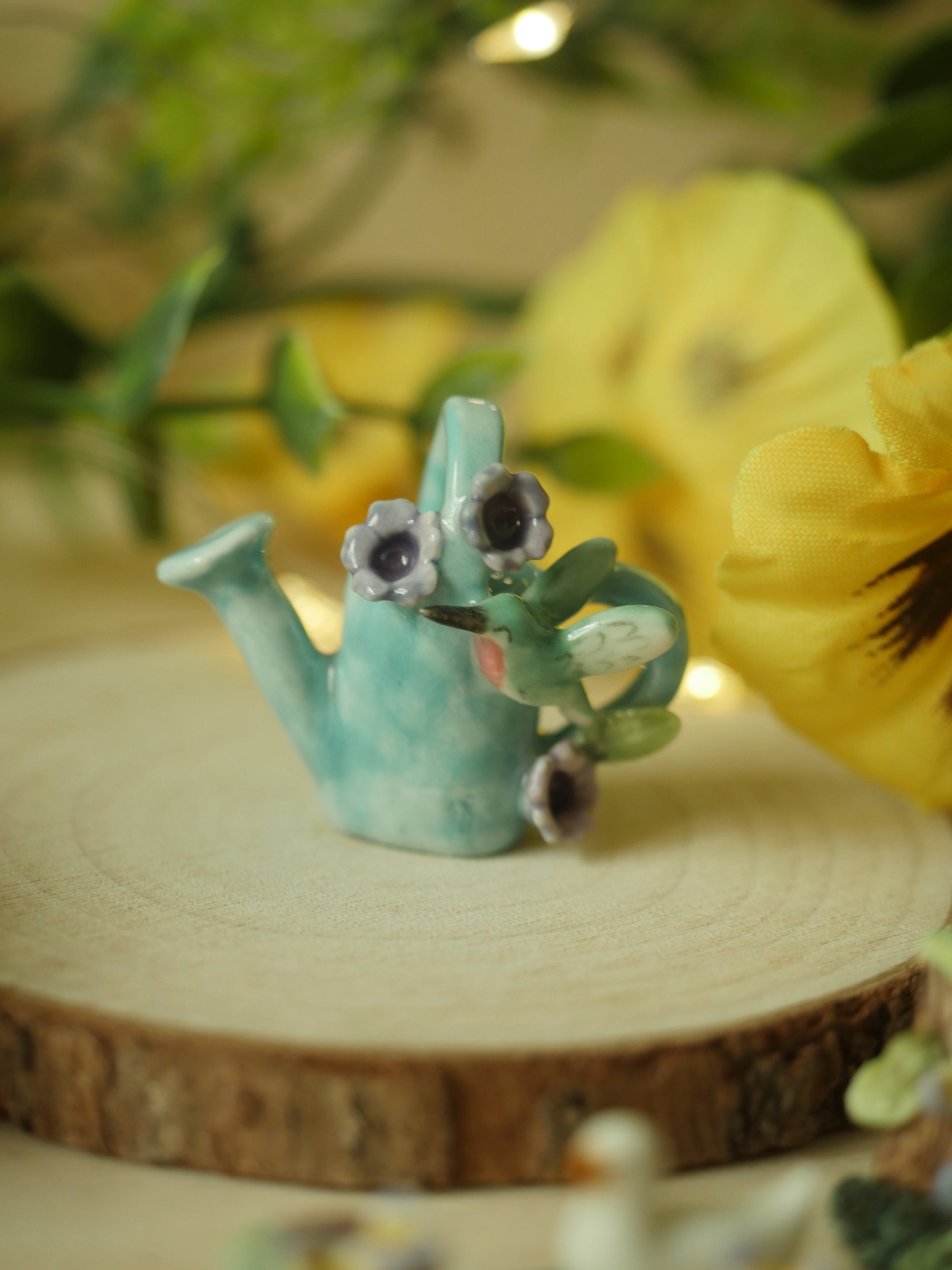 Watering Can Humming Bird Blue Miniature Sculpture (4cm tall)