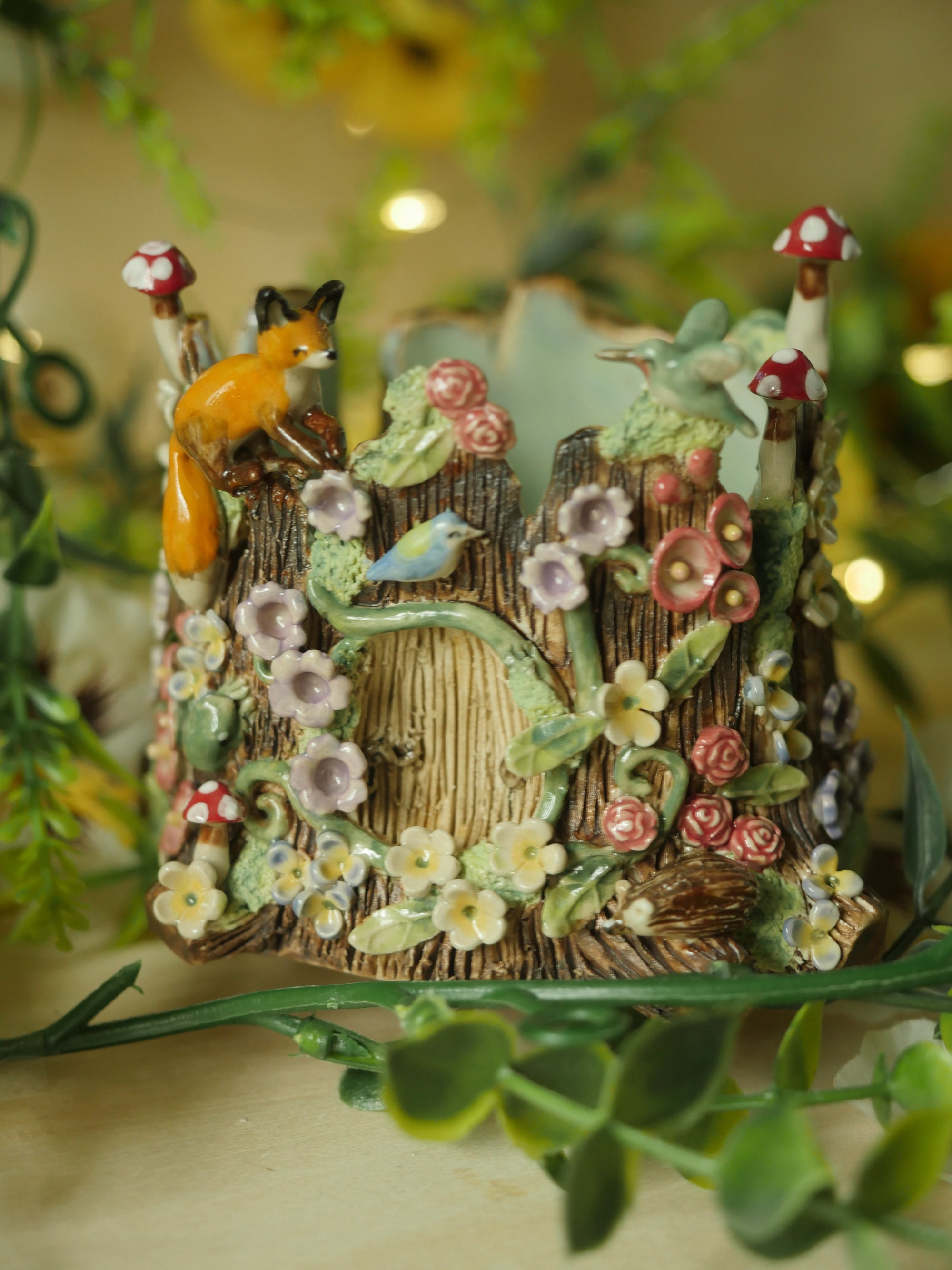 Woodland Garden Sculpture Fox and Birds (8cm width x 8cm height)