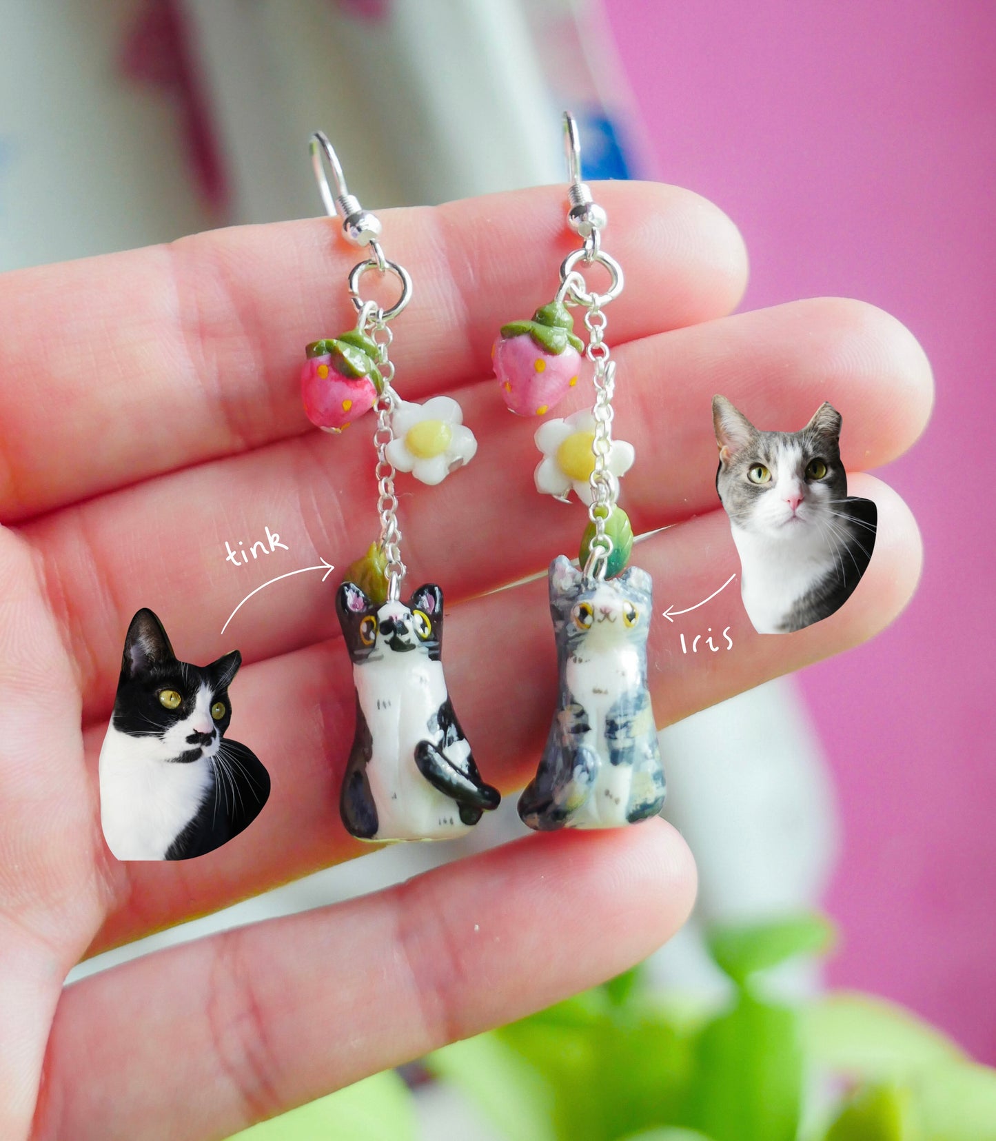 Custom strawberry cat earrings