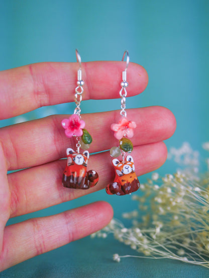 Red panda cherry blossom drop earrings
