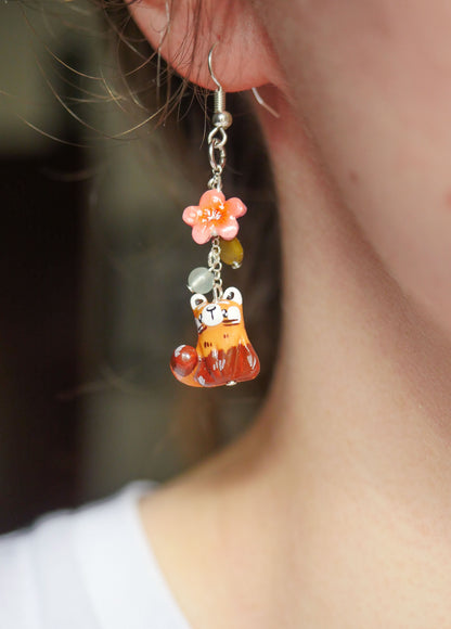 Red panda cherry blossom drop earrings